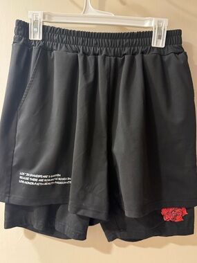 Women’s Black Layered Athletic Shorts with Red Rose Detail